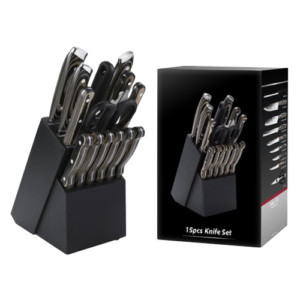 Kitchen Knife Set, 15-Piece High-Carbon Stainless Steel Knife Set with Block, Chef Knife, Bread Knife, Built-in Sharpener, Ergonomic ABS Full Tang Handle, All-in-One with below attributes. High-Carbon 5CR15MOV Stainless Steel
