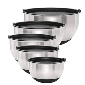 5-Piece Stainless Steel Salad Bowls Metal Bowls for Baking Cooking and Prepping, Airtight Lids & Stackable Design, Size 1.5, 2, 3,4,5L (Black)
