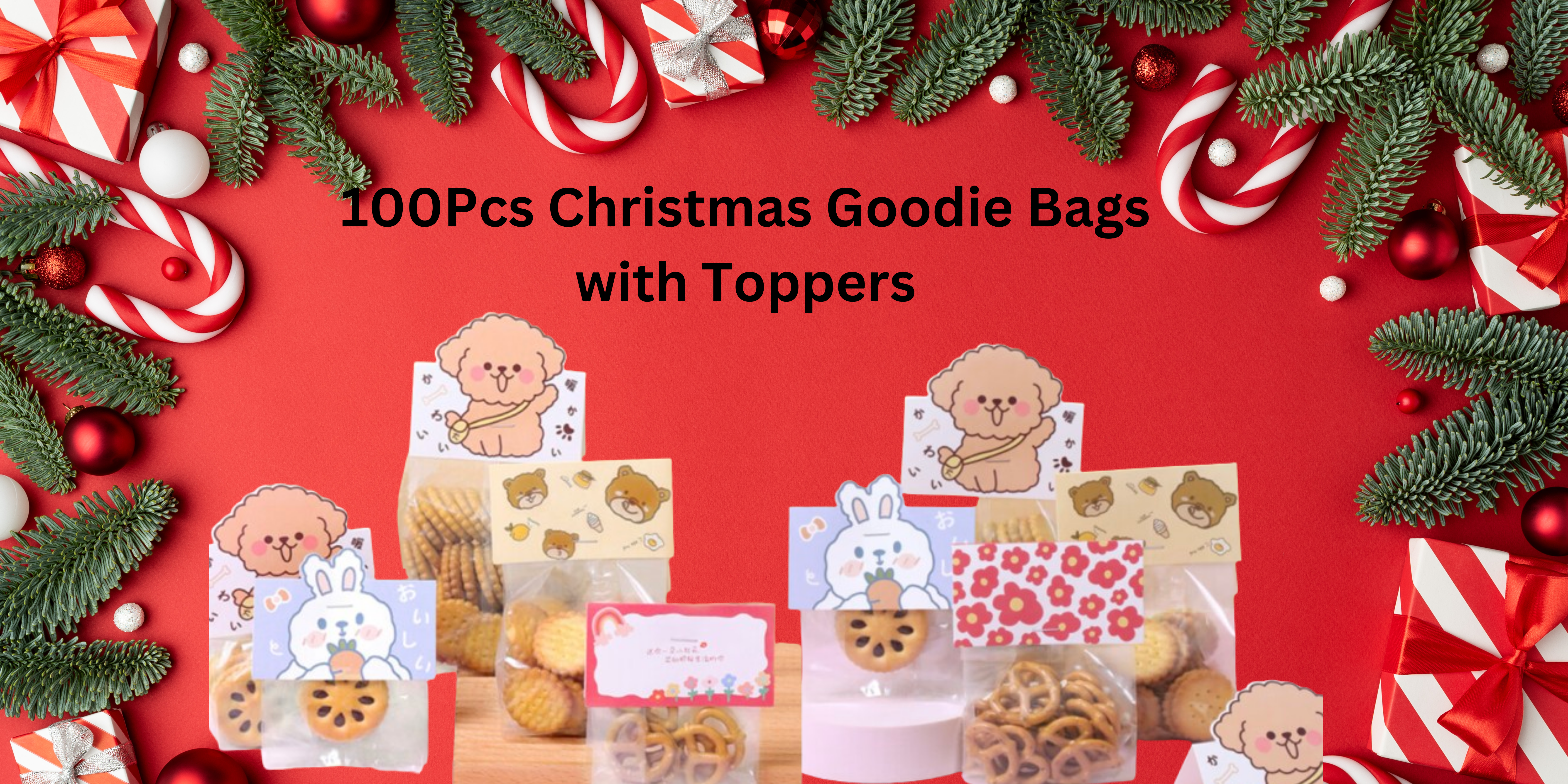 100Pcs Christmas Goodie Bags with Toppers Magic Reindeer Food Candy Cello Bags Plastic Xmas Party Favor Bags for Wrapping Baking Food