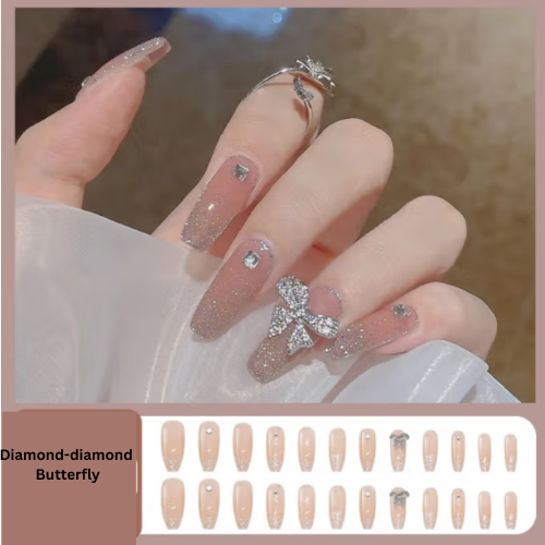 Pink French Tip Nails Full Cover Stick on Nails with Rhinestone Designs Glossy
