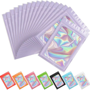 100 PCS Mylar Bags, Pink Holographic Bags, Smell Proof Bags, Resealable Bags for Small Business, Sealable Bags for Packaging, Foil Pouch Bags for Food Storage, Bracelets, Jewelry（