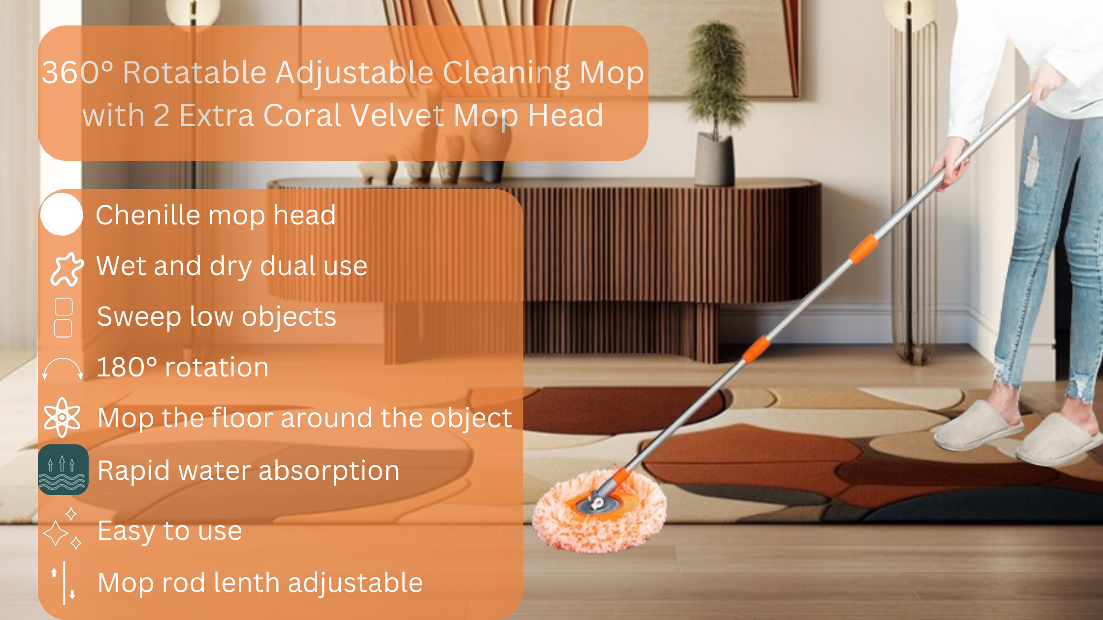 360° Rotatable Adjustable Cleaning Mop with 2 Extra Coral Velvet Mop Head, Long Handle Telescoping Microfiber Dust Mop,Wet & Dry Cleaning Mop for Hardwood,Wall,car (Three-Section Rod(67inch))