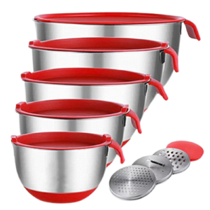 Priority Chef Stainless Steel Mixing Bowls with Lids Set, 3 Grater Attachments, Airtight Lids, Non-Slip Silicone Base Mixing Bowl Set, Large Prep Metal Mixing Bowls for Kitchen,Red