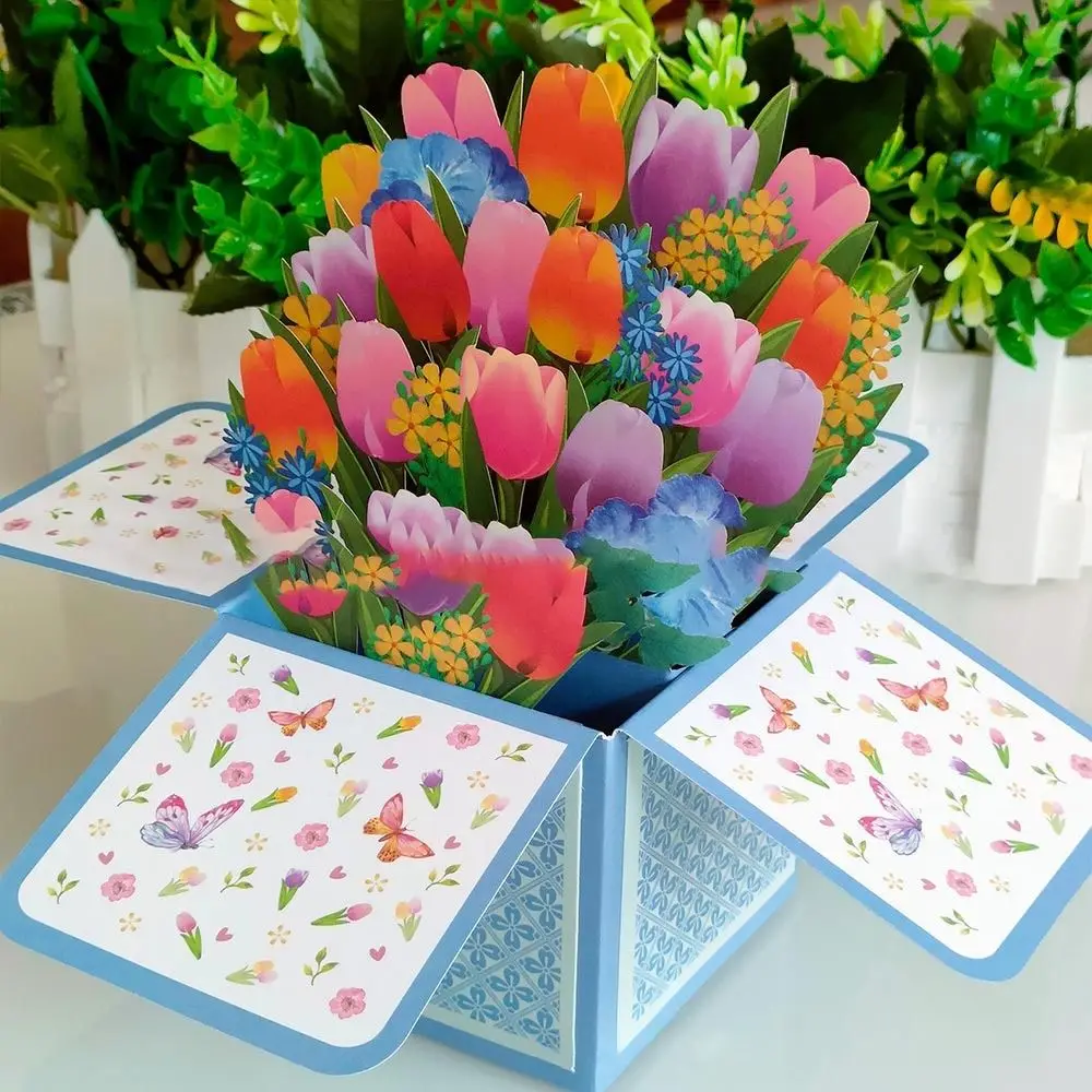 for Birthday Tropical Bloom Greeting Card 3D Pops-up Bouquet Daisy/Carnation Paper Flowers Rose/Lily/Sunflower/Tulip